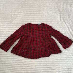 Madewell Tartan Red Plaid Tiered Button Back Bell Sleeve Swing Top Size XS
